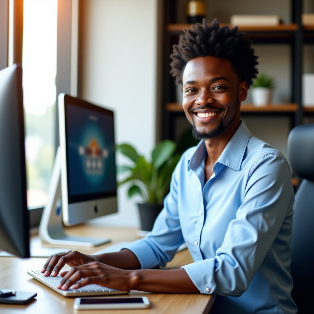 A satisfied professional looking at a successful email campaign report on a sleek desktop monitor, bright modern workspace, high quality photography, 4:3
