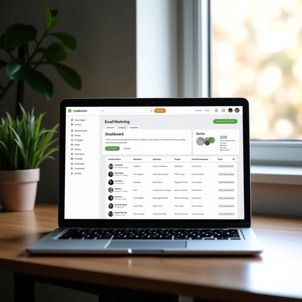 A professional workspace with a clean laptop screen showing an email marketing dashboard, soft natural lighting, minimalist aesthetic, 4:3