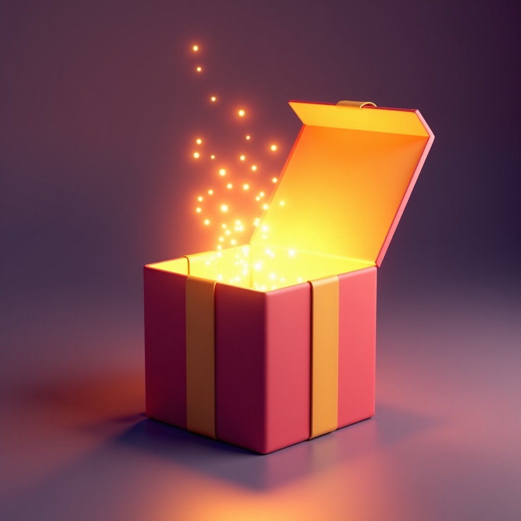 A gift box opening to reveal a digital memory icon, bright and celebratory lighting, high quality 3D render, 4:3