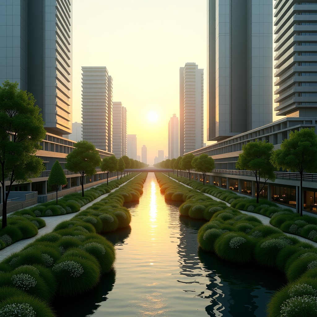 A futuristic urban landscape integrating green spaces with high-tech buildings, harmonious balance between technology and sustainable environment, warm sunset light, 4:3