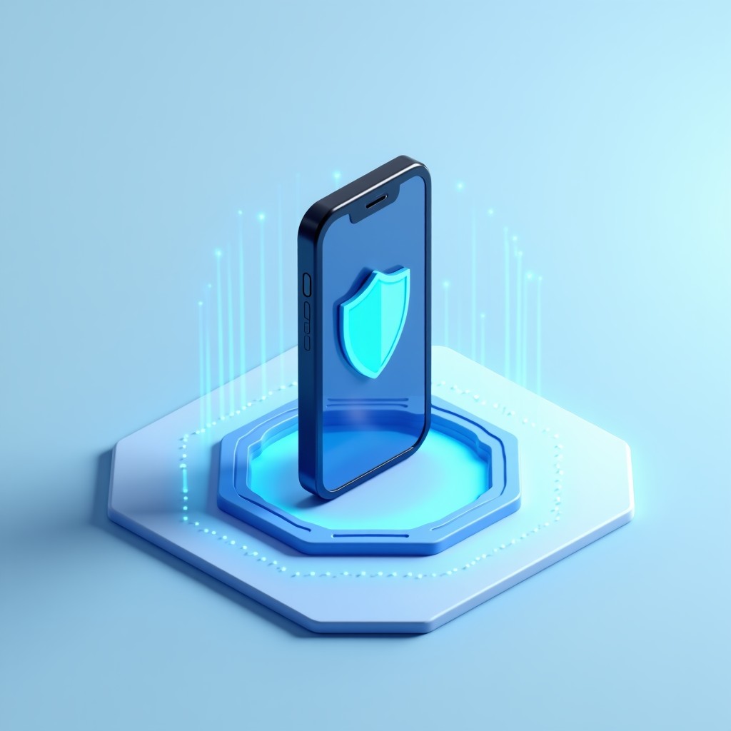 A 3D isometric illustration of a smartphone surrounded by a translucent hexagonal security energy field, light blue background, professional tech illustration style, 4:3