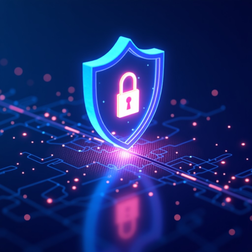 Conceptual illustration of digital security and encryption, a glowing shield icon over a data stream, blue and purple neon tones, professional design, 4:3