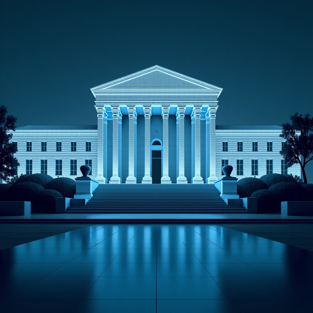 A wide shot of a majestic neoclassical government building partially covered by a translucent digital web of binary codes and shield icons. The lighting is dramatic with cool blue and deep grey tones. No text. 1:1