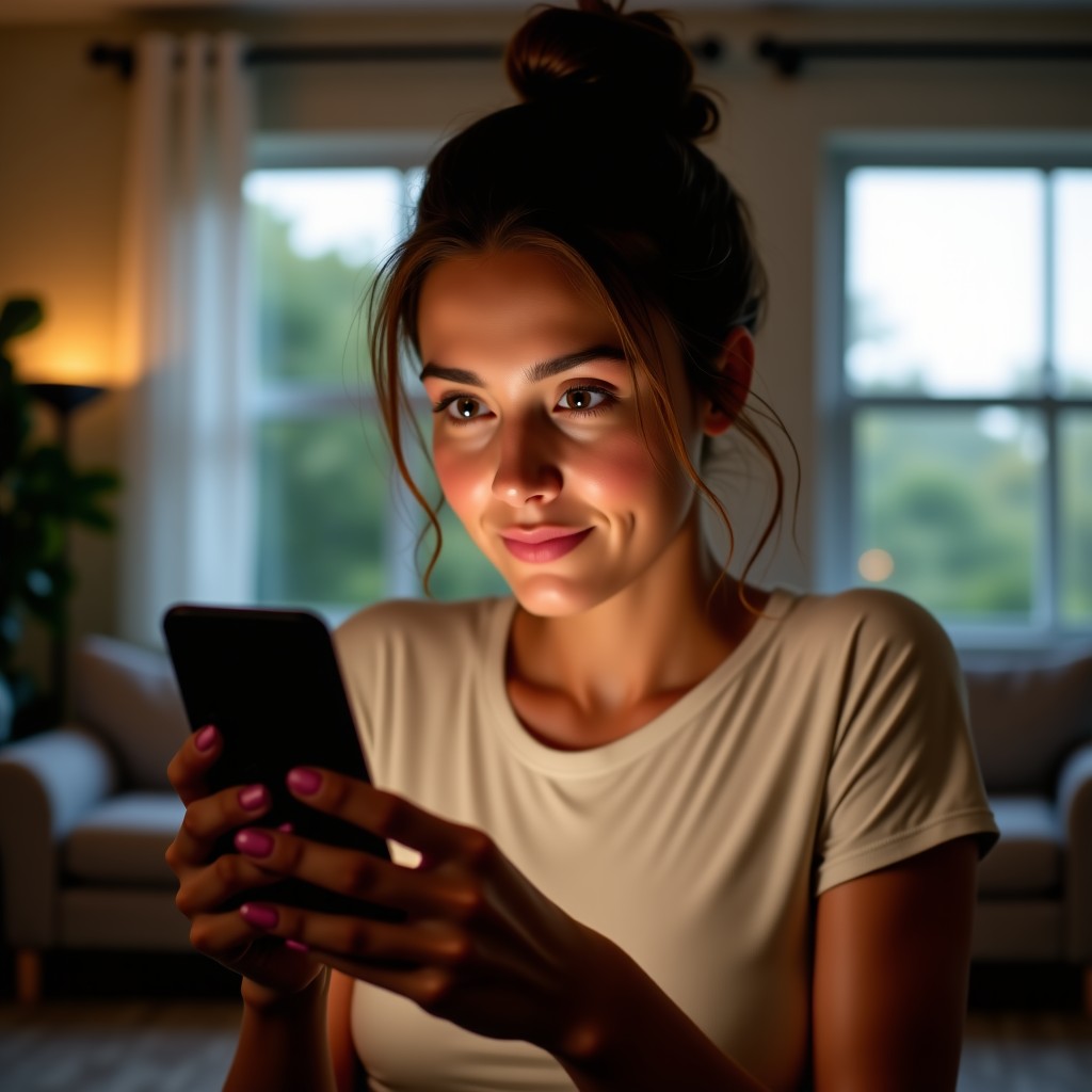 A person looking at a smartphone screen with a thoughtful expression, high-quality lifestyle photography, soft indoor lighting, cozy and natural atmosphere, 4:3.