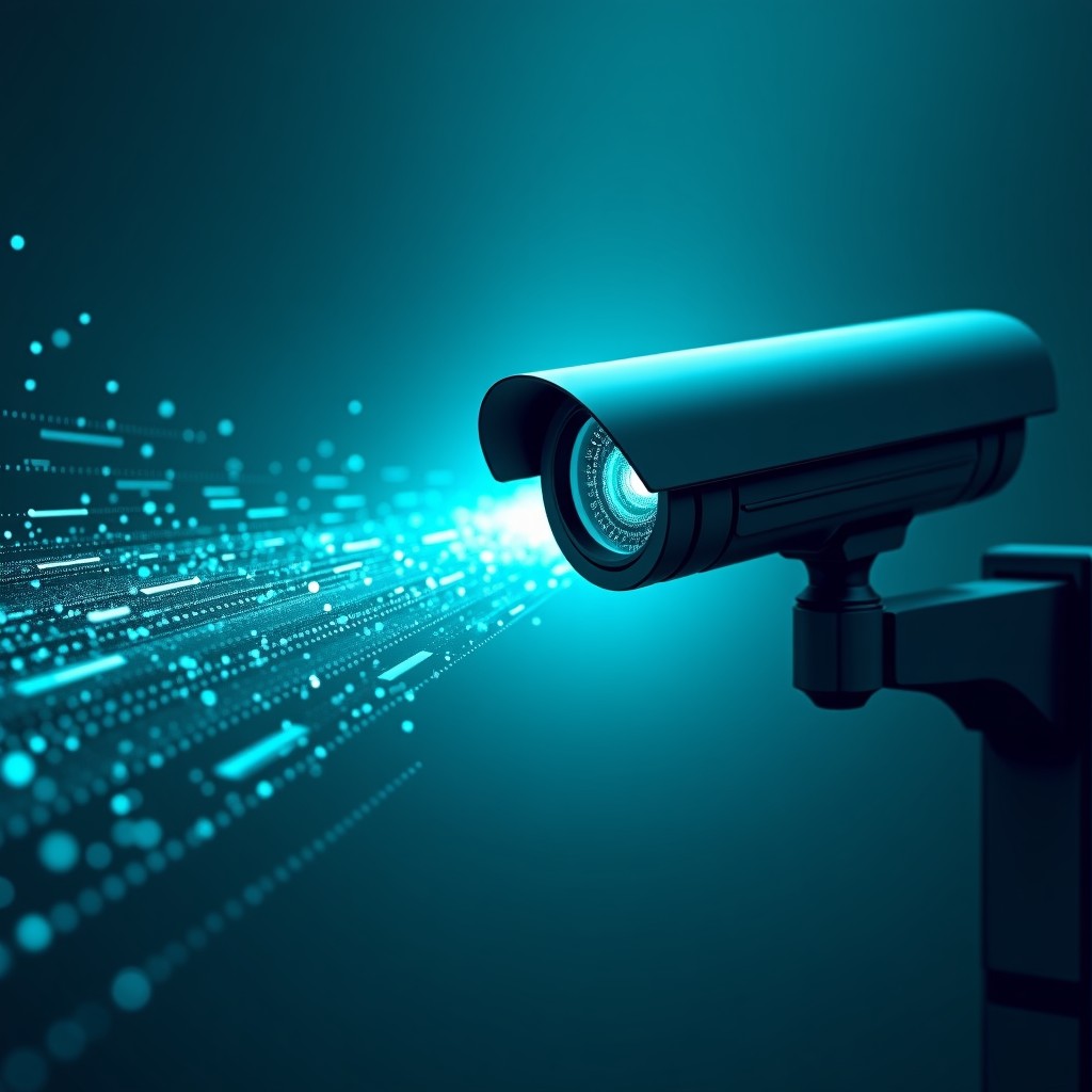A conceptual image showing a futuristic CCTV camera merged with digital neural network lines. The camera is pointing towards a bright digital horizon representing surveillance in the age of AI. Cool blue and teal color palette. 4:3