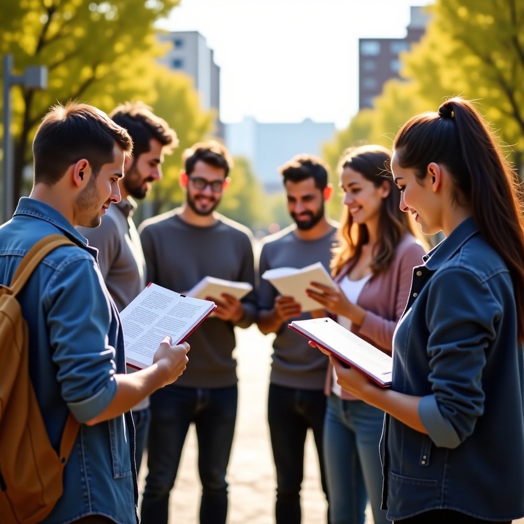 A group of diverse people in a modern outdoor park looking at paper books and talking to each other, symbolizing a return to human connection away from digital surveillance. Warm natural sunlight, lifestyle photography. 4:3