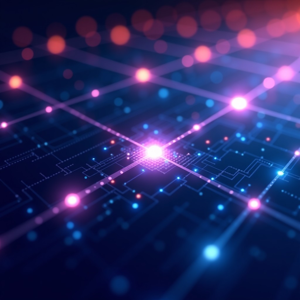 Abstract representation of secure data transmission, glowing lines connecting digital points, clean modern infographic style, high contrast, blue and purple gradient background, 4:3.