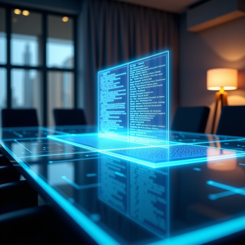 Professional setting of an abstract AI governance meeting, sleek glass tables, holographic data visualization of code and ethics, warm ambient lighting, 4:3 aspect ratio.