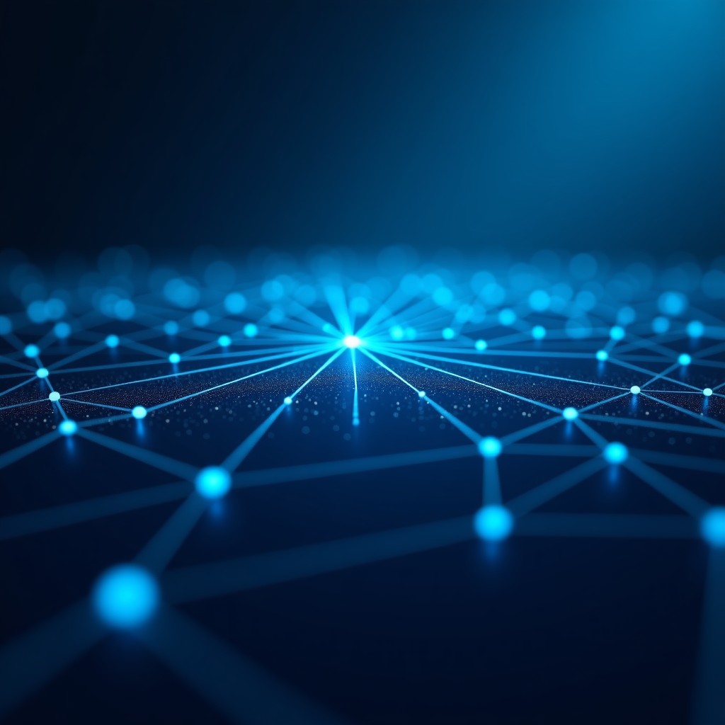 A visionary view of a digital interconnected network, lines of light connecting data points, deep blue background, sophisticated clean design, cinematic composition, 4:3 ratio.