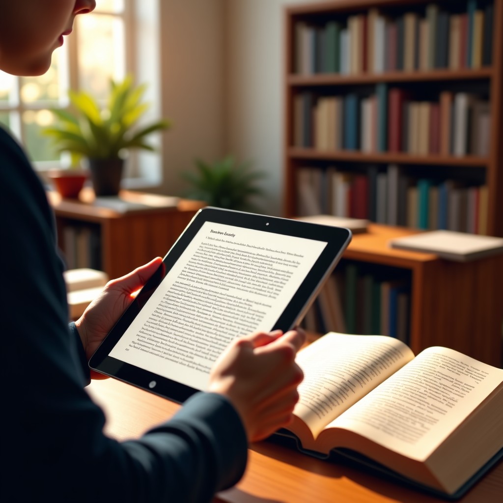 A person comparing text on a tablet screen with information from multiple open physical books in a sunlit library. The scene represents fact-checking and critical thinking. High detail, warm and scholarly atmosphere. 4:3