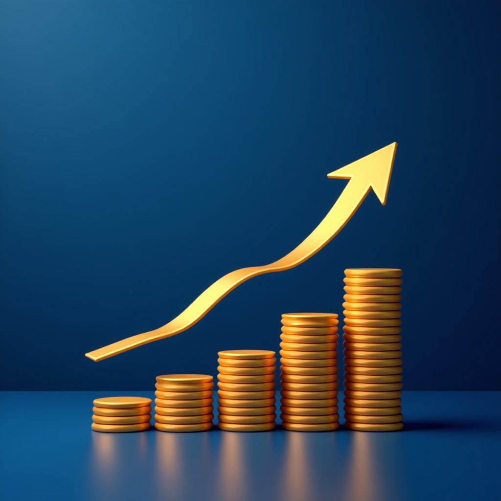 Conceptual image representing financial growth in digital media, floating abstract golden elements over a deep blue gradient background, professional clean style, 16:9 ratio.