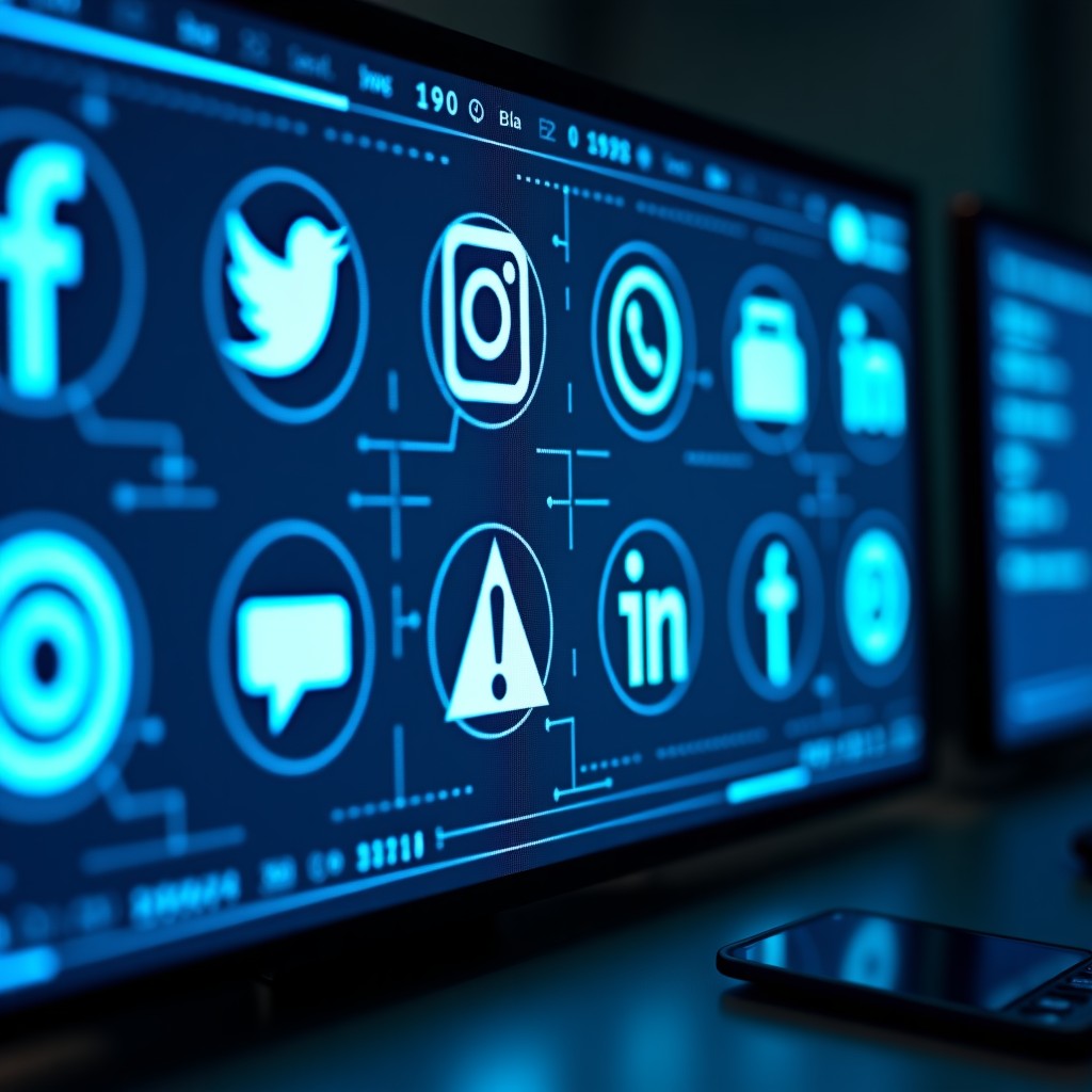 A digital screen displaying social media icons with a stylized caution sign and binary code overlay in a high-tech control room setting. 4:3