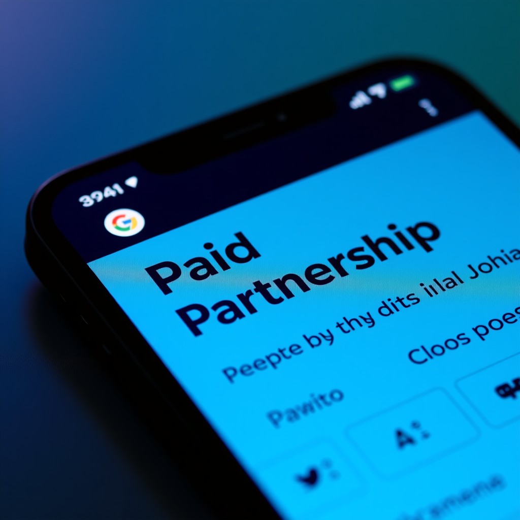 Close-up of a digital screen showing a clean and modern social media post interface, a specific label text saying Paid Partnership is highlighted, elegant typography, vibrant blue and black color palette, 4:3