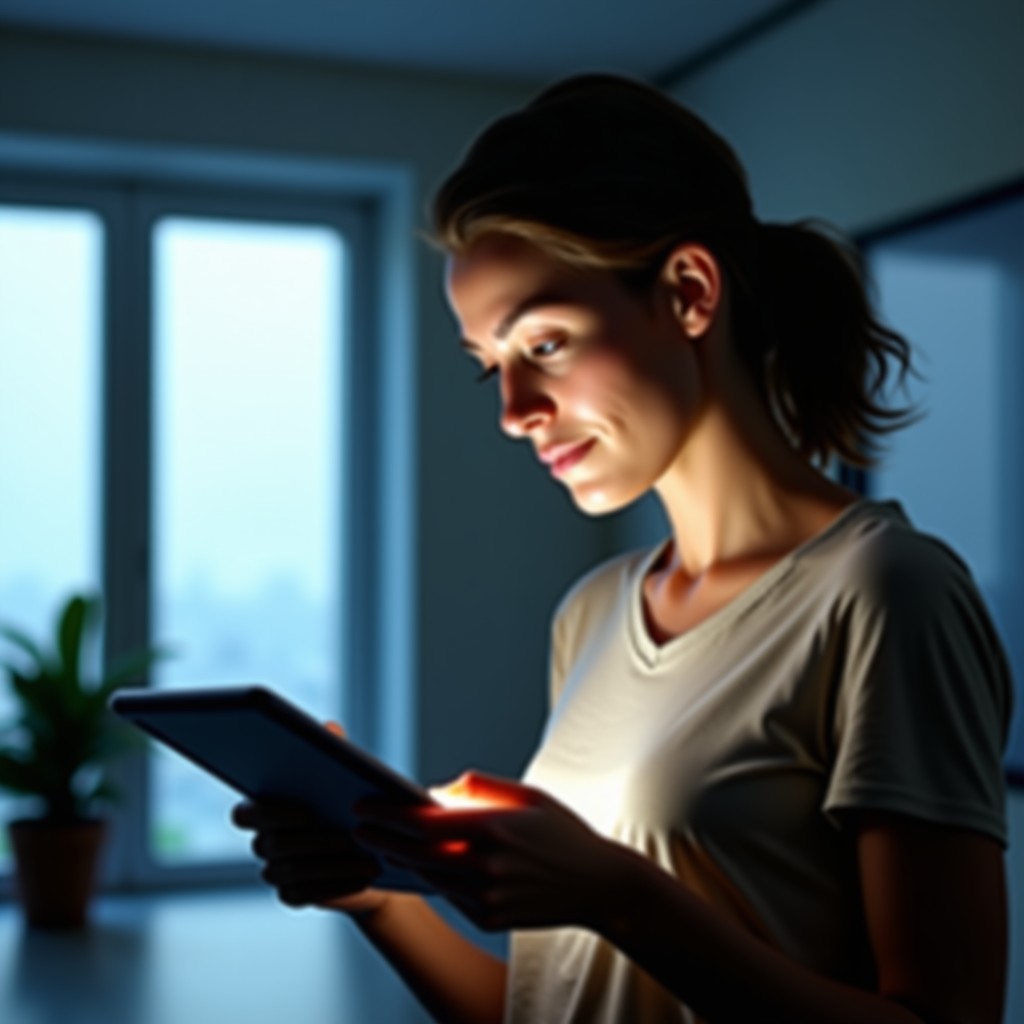 A person looking at a digital tablet with light reflecting on their face, clean minimalist office background, 4:3