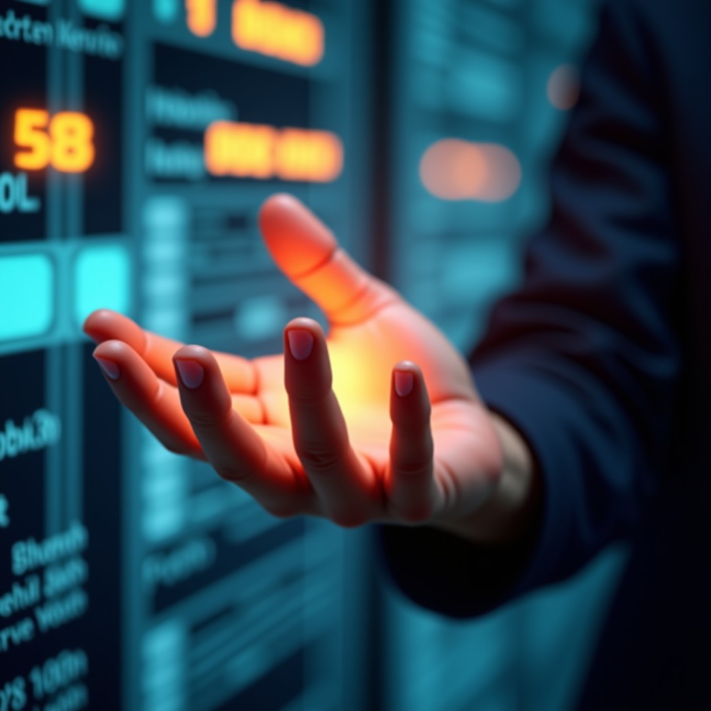 A serene human hand touching a digital light screen, warm lighting, futuristic but calm, soft focus, 4:3