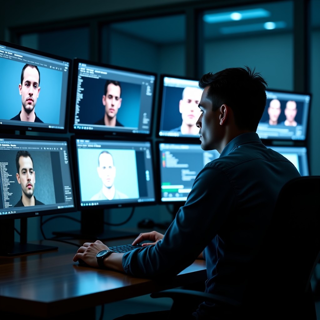 A professional digital forensic investigator analyzing a suspicious video on multiple high-resolution monitors in a dimly lit modern office. The screens show frame-by-frame breakdowns of facial features and digital artifacts. The atmosphere is serious and focused. Cinematic lighting, photorealistic, 4:3