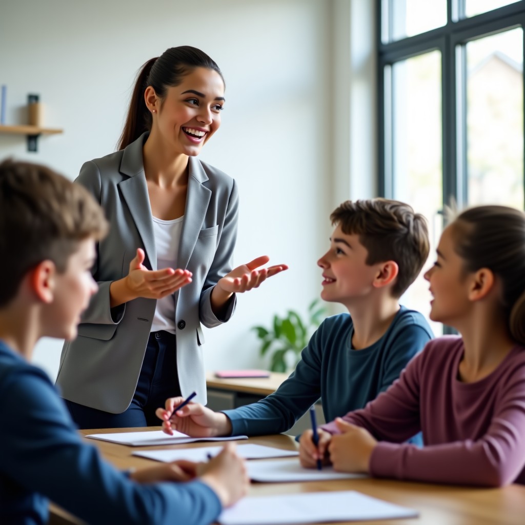 A teacher smiling and talking to a student, soft focus, bright and clean classroom, professional yet warm atmosphere, realistic, 4:3 aspect ratio