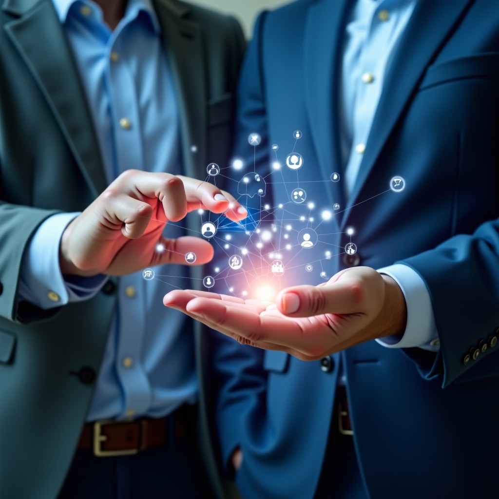 Conceptual art showing a digital interface merging with human interaction, soft glow, abstract, professional, clean composition, 4:3