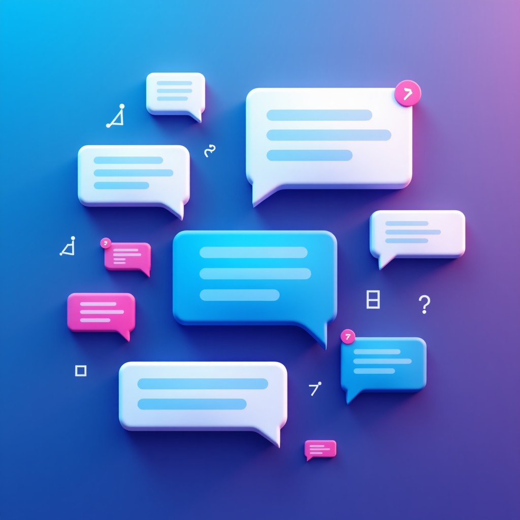 A high-quality, modern digital illustration of a gaming social interface with speech bubbles, clean UI, blue and purple gradient background, 4:3 aspect ratio.