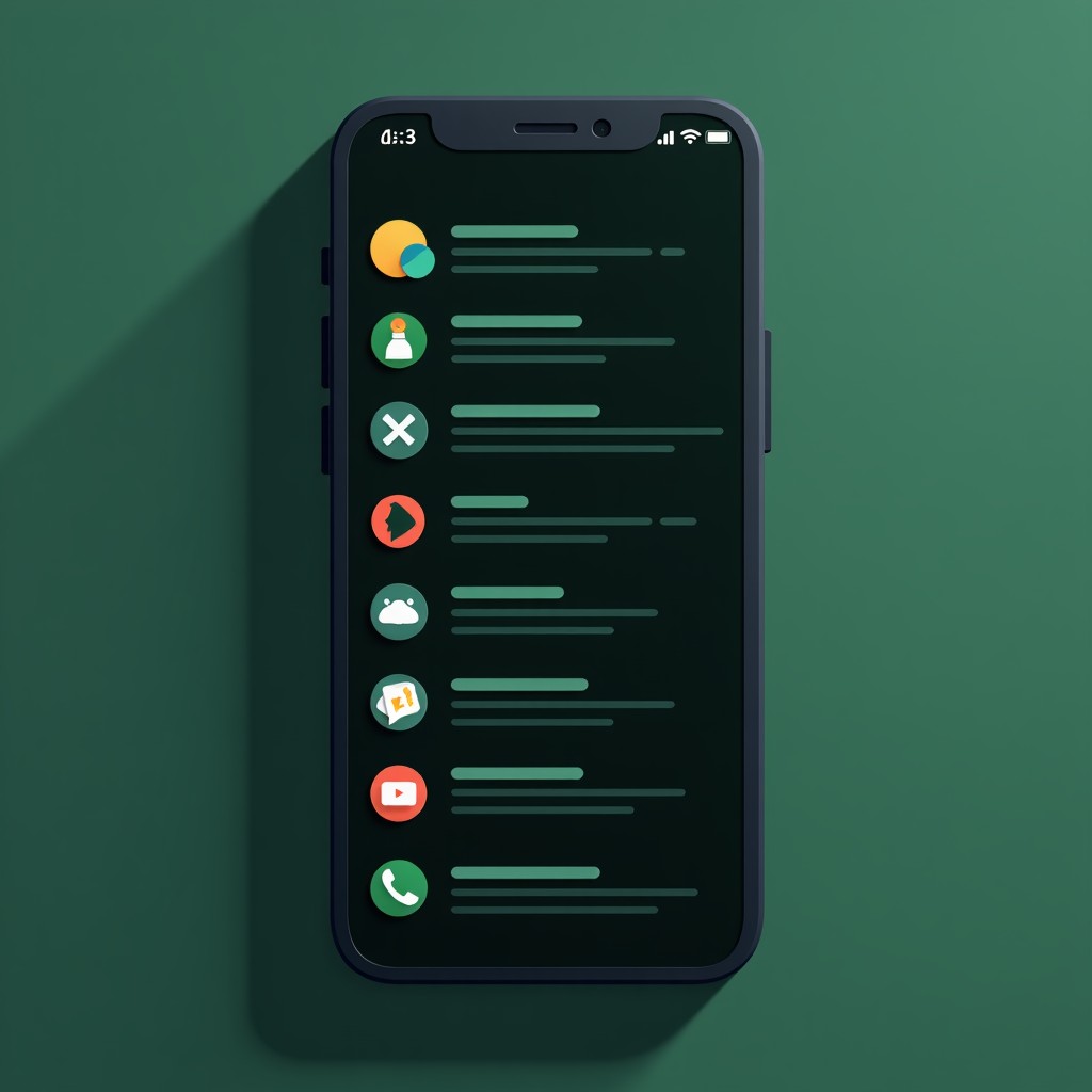 An informational illustration of a smartphone screen displaying Linux terminal lines and clean app icons. Modern flat design with a dark mode theme. Deep green and black background. 4:3