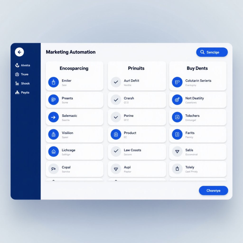 A clean and modern digital interface showing marketing automation workflow, blue and white color palette, professional business setting, high resolution, 4:3 aspect ratio