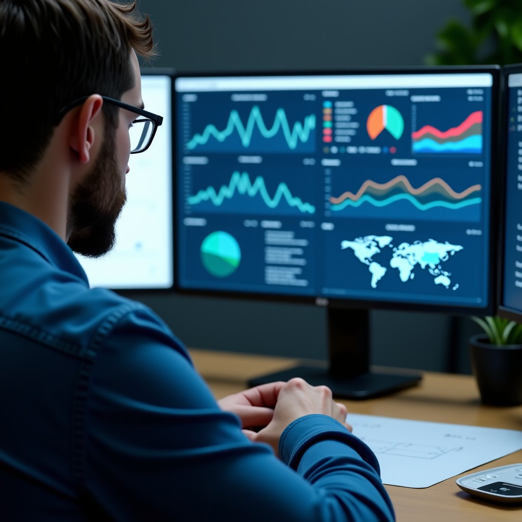 Close up of a person working on a strategy project with various charts and digital tools on the screen, cinematic lighting, realistic style, 4:3
