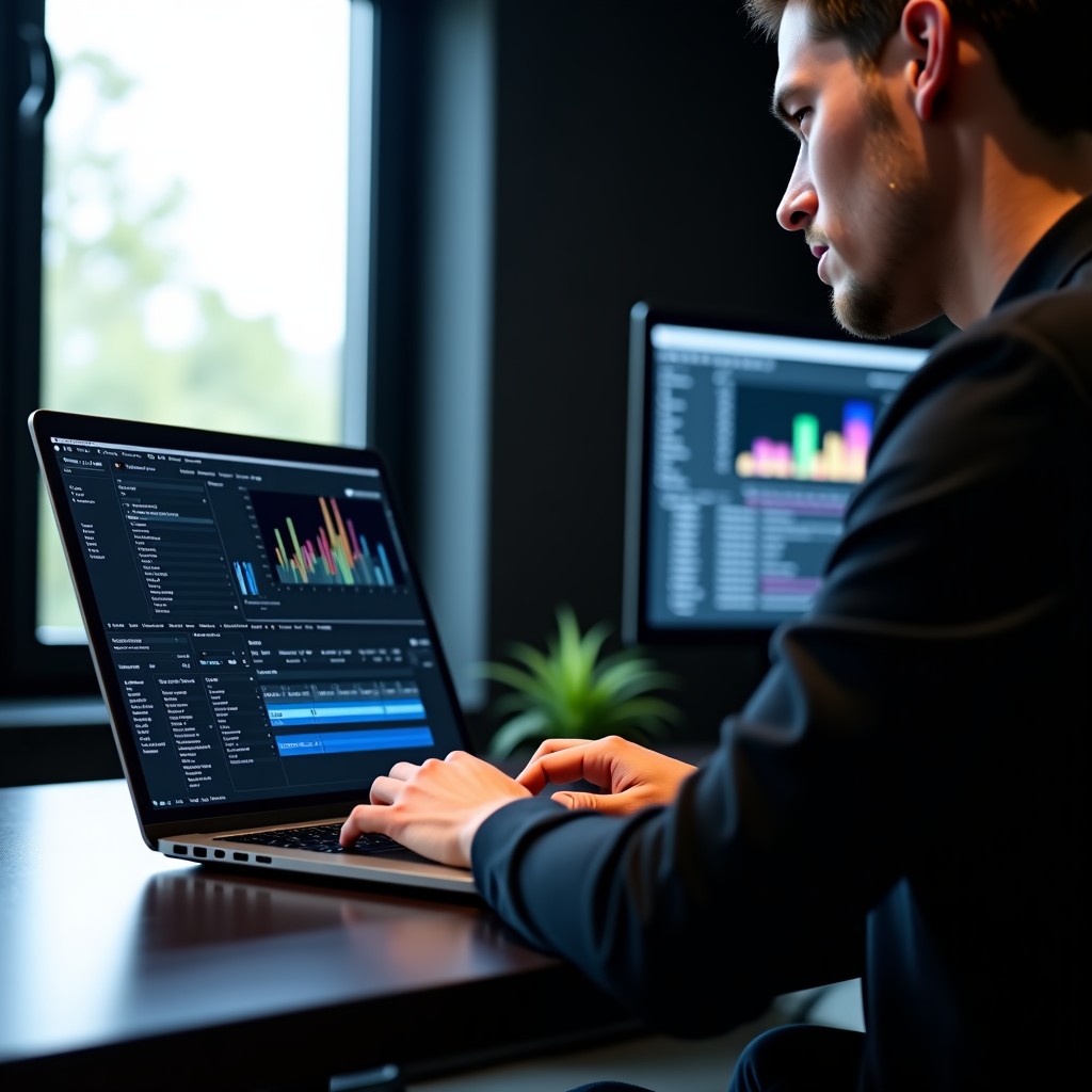 A professional person working on a sleek space black laptop in a modern dimly lit studio. The screen shows complex video editing software and data charts. Natural lighting from a window. 4:3