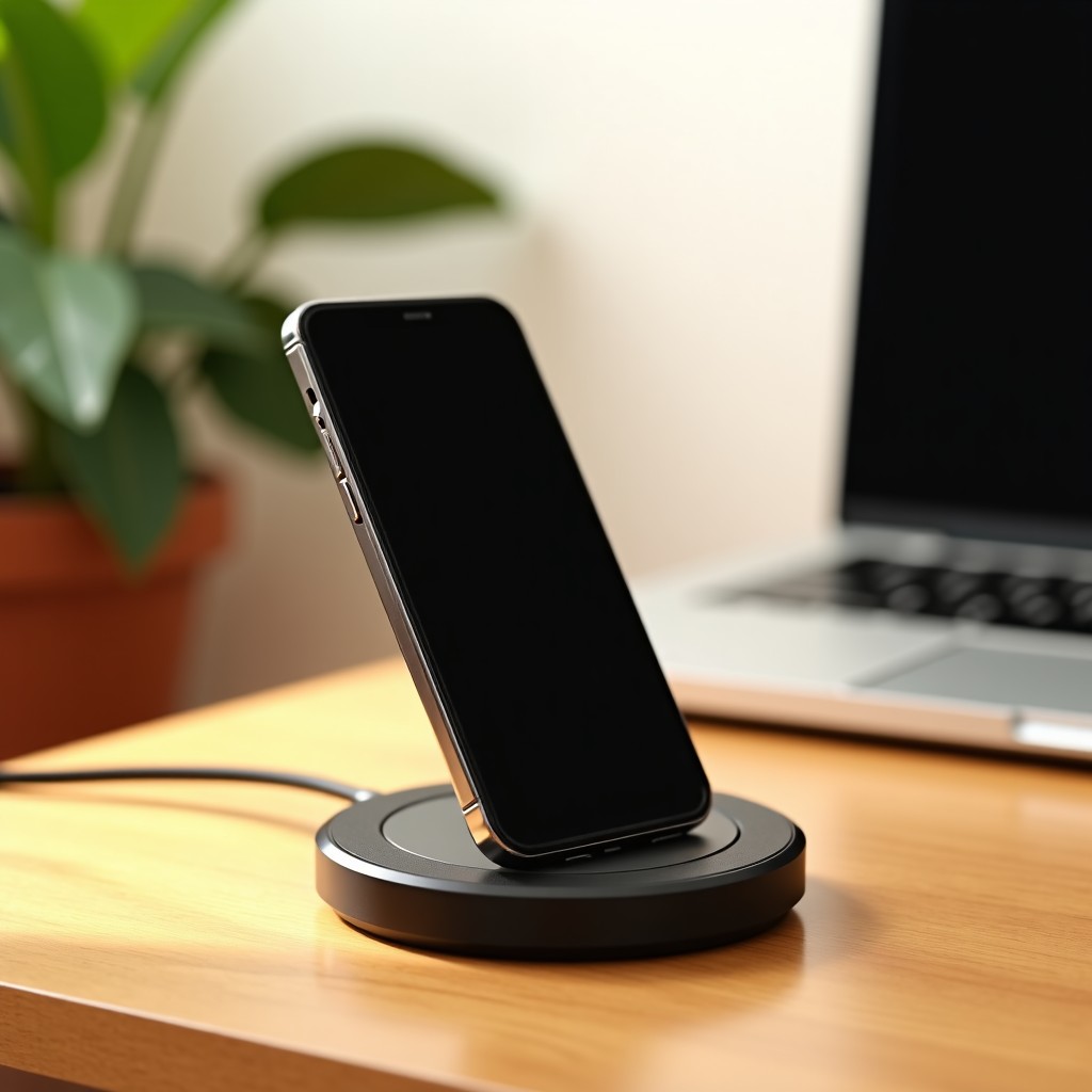 A smartphone magnetically attached to a circular wireless charger on a wooden desk, lifestyle photography, warm natural morning light, clean setup, 4:3