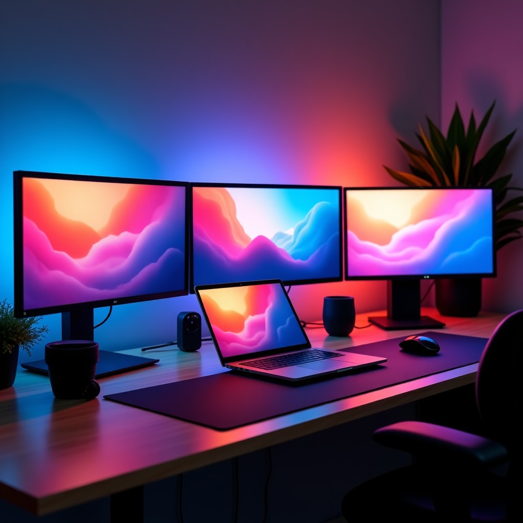 A wide shot of a creative workspace with a laptop connected to three high-resolution monitors showing vibrant digital art. High-tech equipment and clean desk setup. Professional lighting. 4:3