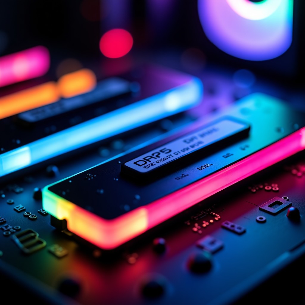 Two sticks of high-speed DDR5 RAM installed on a motherboard, colorful RGB lighting, close-up macro shot, tech-focused aesthetic, high contrast. 4:3