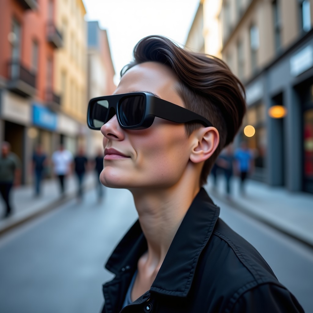 A person wearing modern minimalist smart glasses in a city street, realistic photography, soft natural daylight, shallow depth of field, 4:3 ratio.