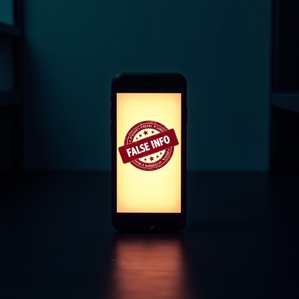 A dark room with a glowing smartphone screen showing a news feed of a conflict zone with a digital False Info stamp overlay. 4:3