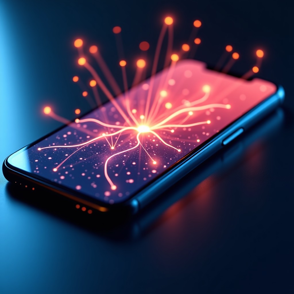 A detailed view of a smartphone screen showing abstract digital interaction, vibrant glowing interface nodes, soft studio lighting, professional tech photography, 4:3.