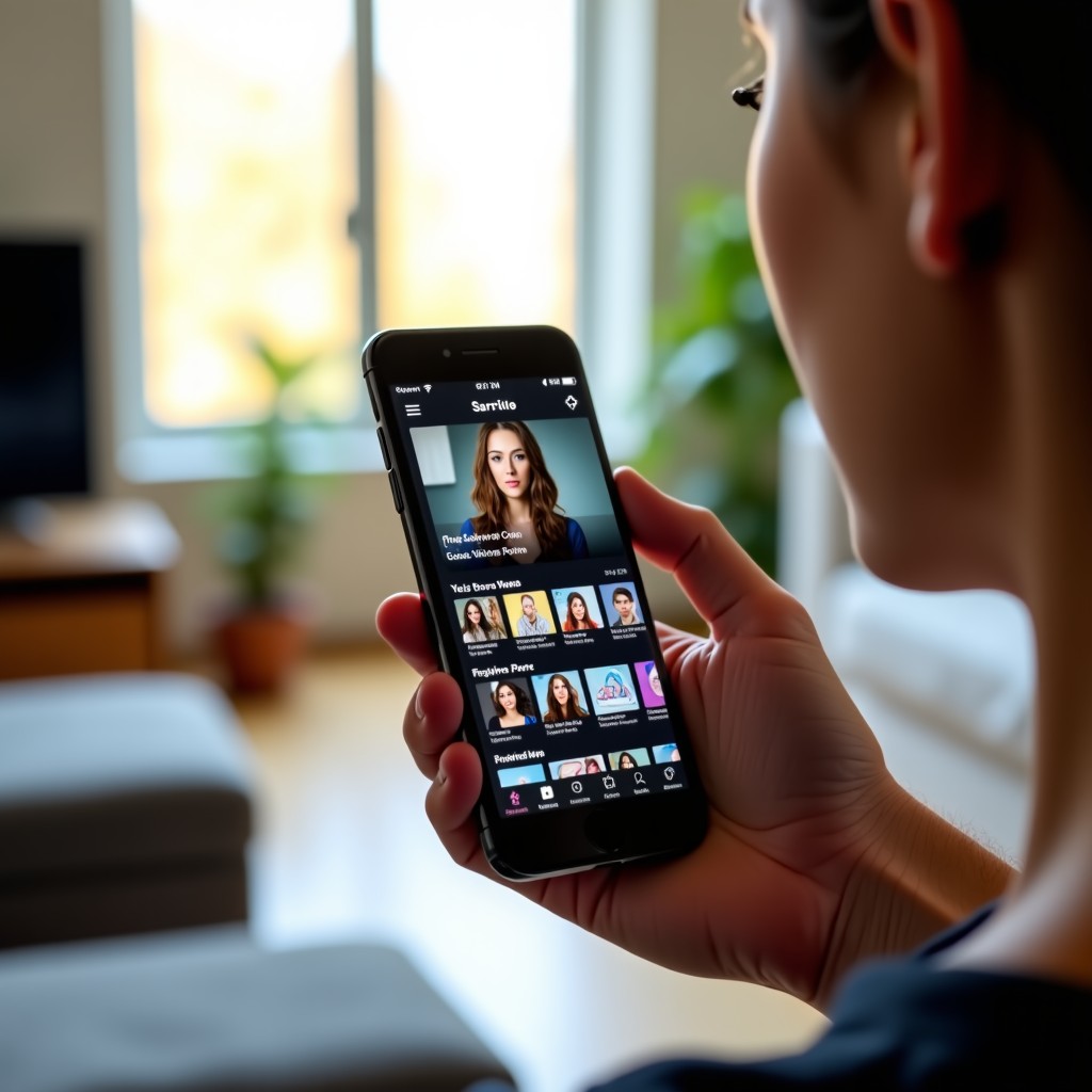 A person holding a smartphone showing streaming content thumbnails, blurred living room background, realistic, soft sunlight, 4:3