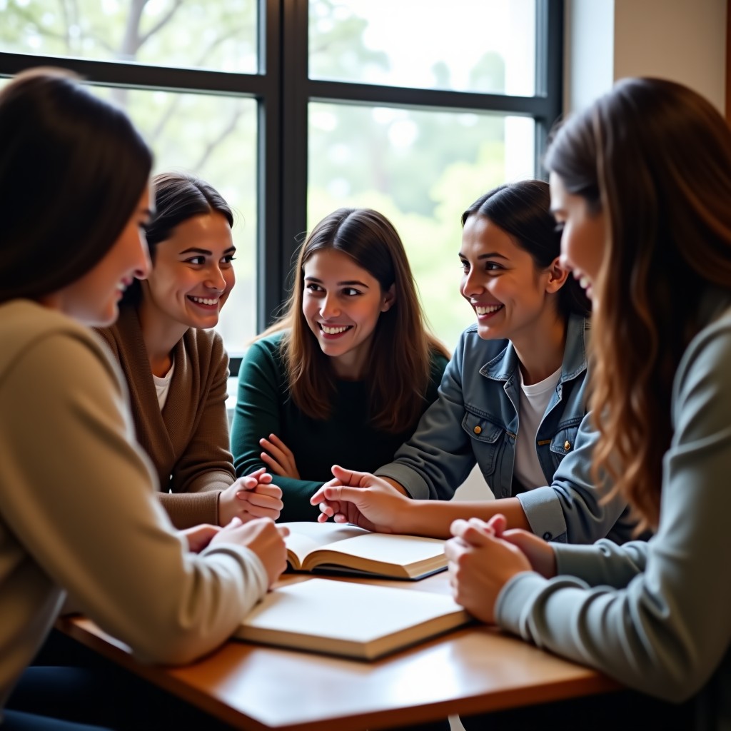 Diverse group of students discussing a book in a library, engaged expressions, soft daylight, realistic lifestyle photography, 4:3 aspect ratio