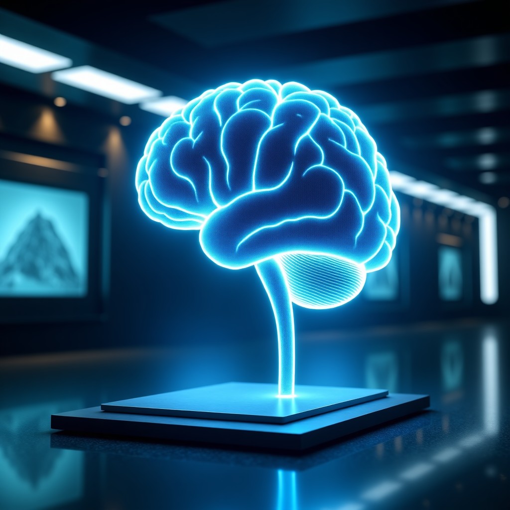 A futuristic representation of a digital brain integrated with a high-tech shield, set against a backdrop of a modern command center, cinematic lighting, 4:3