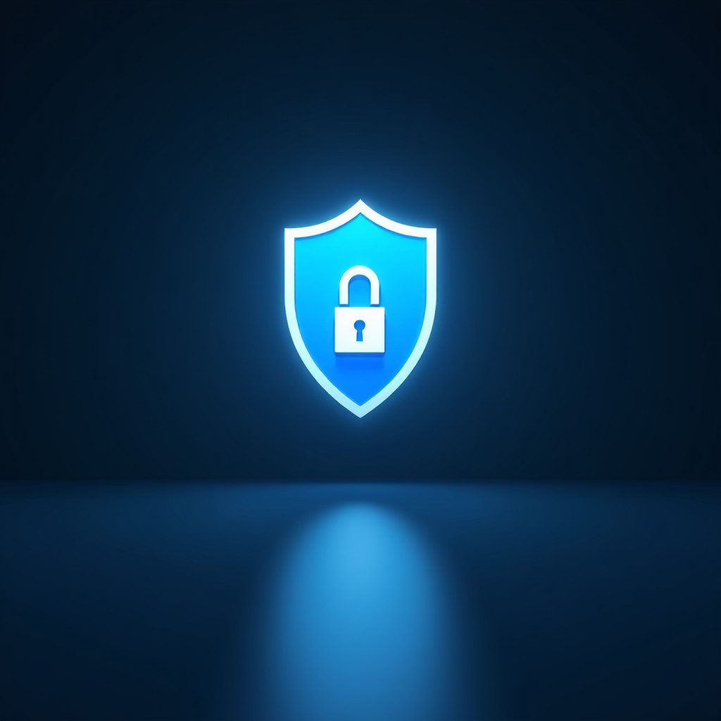 A professional conceptual shot showing a shield icon protecting digital data streams, dark blue and gray professional background, high quality, 4:3