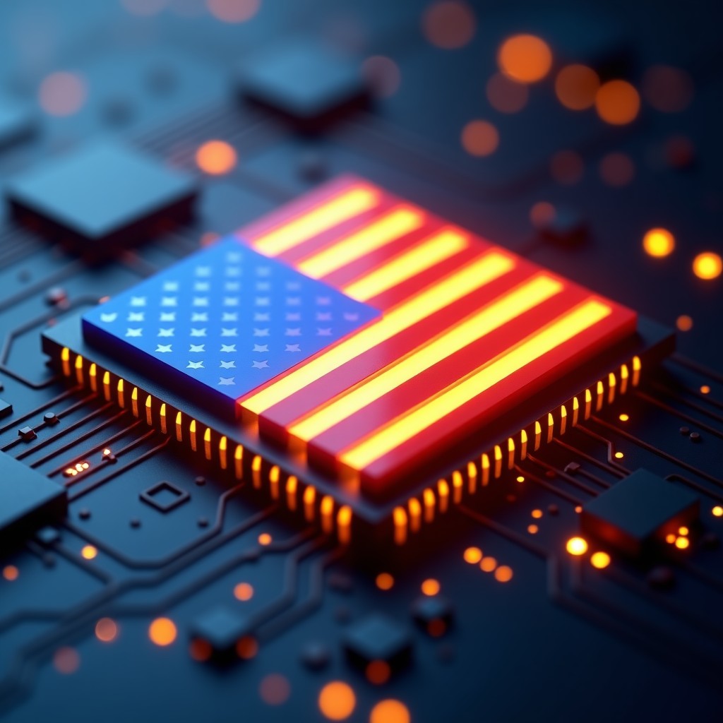 A close-up shot of a sophisticated AI microchip where the surface patterns subtly form the stars and stripes of the American flag. The chip is glowing with golden and blue light on a dark metallic background. 4:3