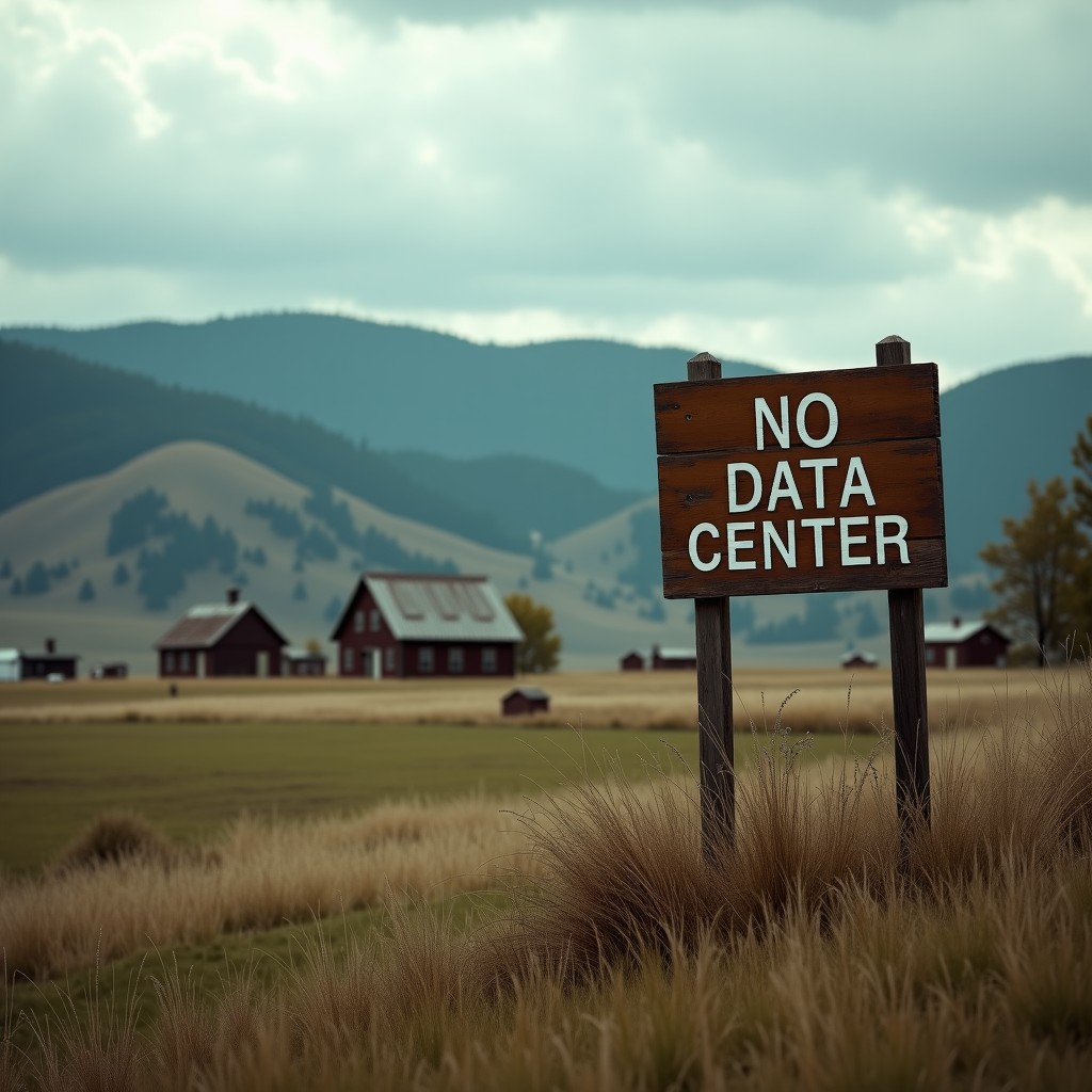 A peaceful small town landscape in rural America with a large wooden sign in the foreground that says NO DATA CENTER. In the background, rolling hills and a few farmhouse style houses are visible under a cloudy sky. The atmosphere is tense and somber. 4:3