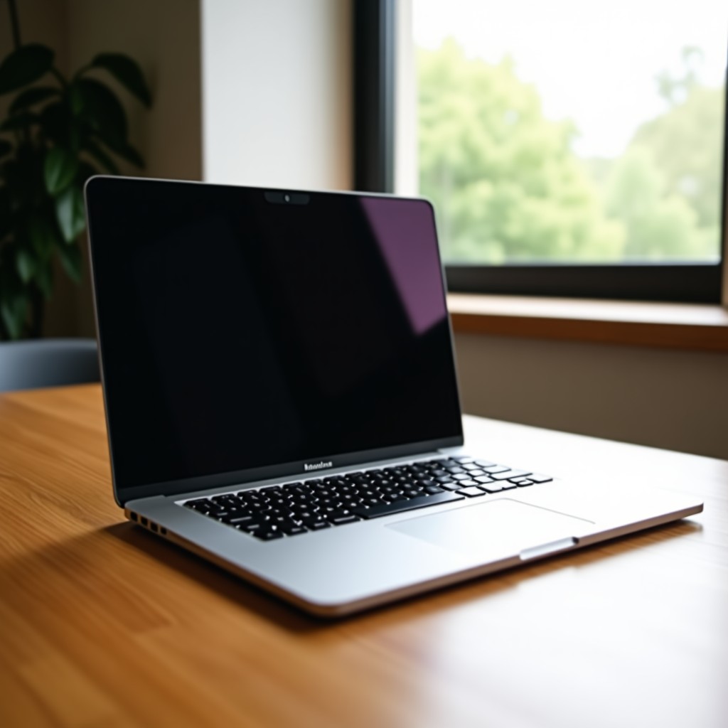 A sleek, minimalistic aluminum laptop on a clean wooden desk, bright natural sunlight, high-quality photography, 4:3 aspect ratio.