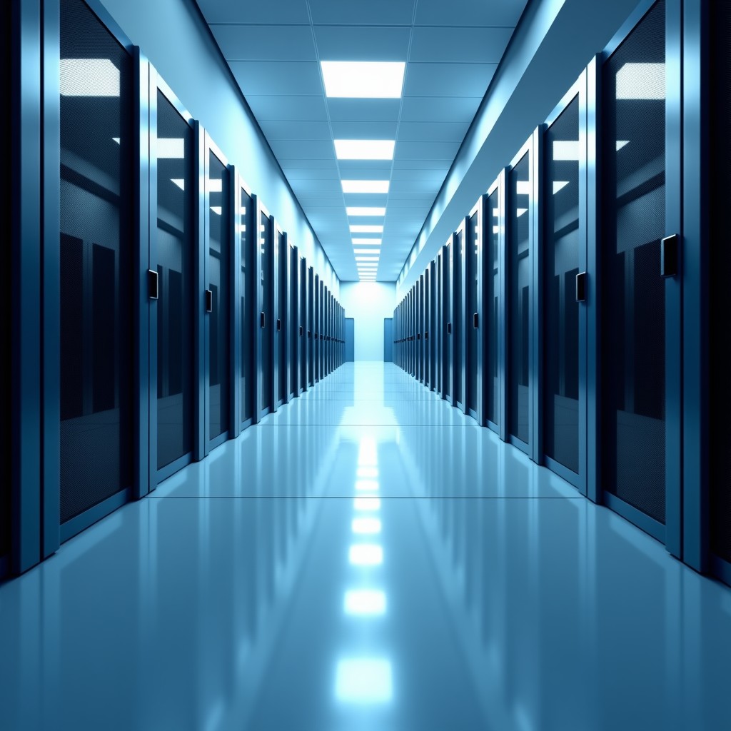 A wide angle view of modern server rooms and futuristic architecture, symbolizing the intersection of global technology and government policy, 4:3 aspect ratio.