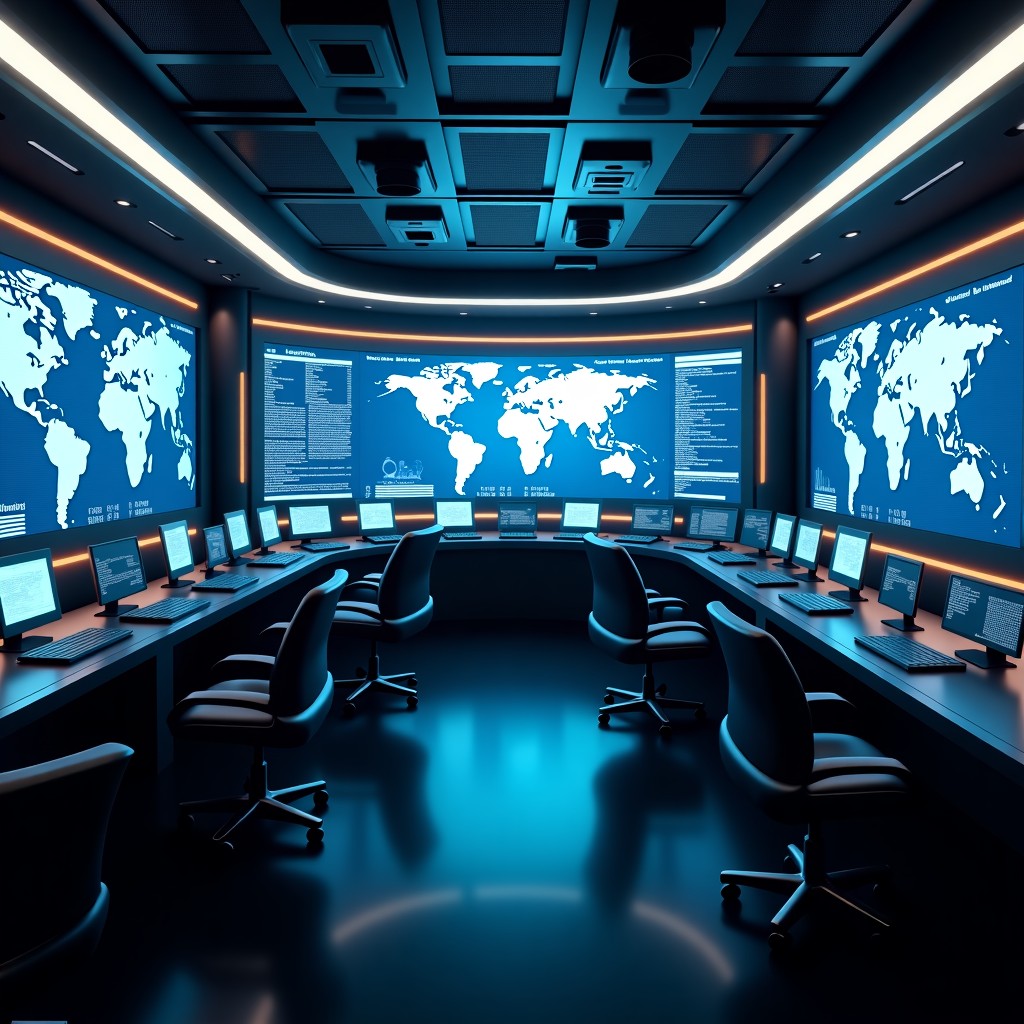 A futuristic military command center where high-tech artificial intelligence interfaces display global maps and tactical data, glowing holographic screens in a dark room, cinematic lighting, 4:3