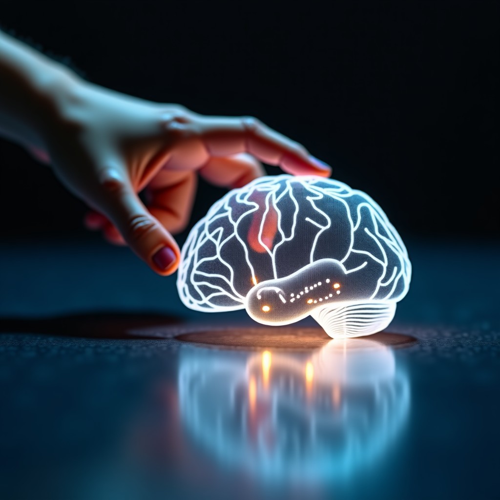 A symbolic composition of a human hand touching a digital circuit board shaped like a brain. Soft light, shallow depth of field, warm and cold color contrast. Reflective surface, sophisticated and clean design. 4:3