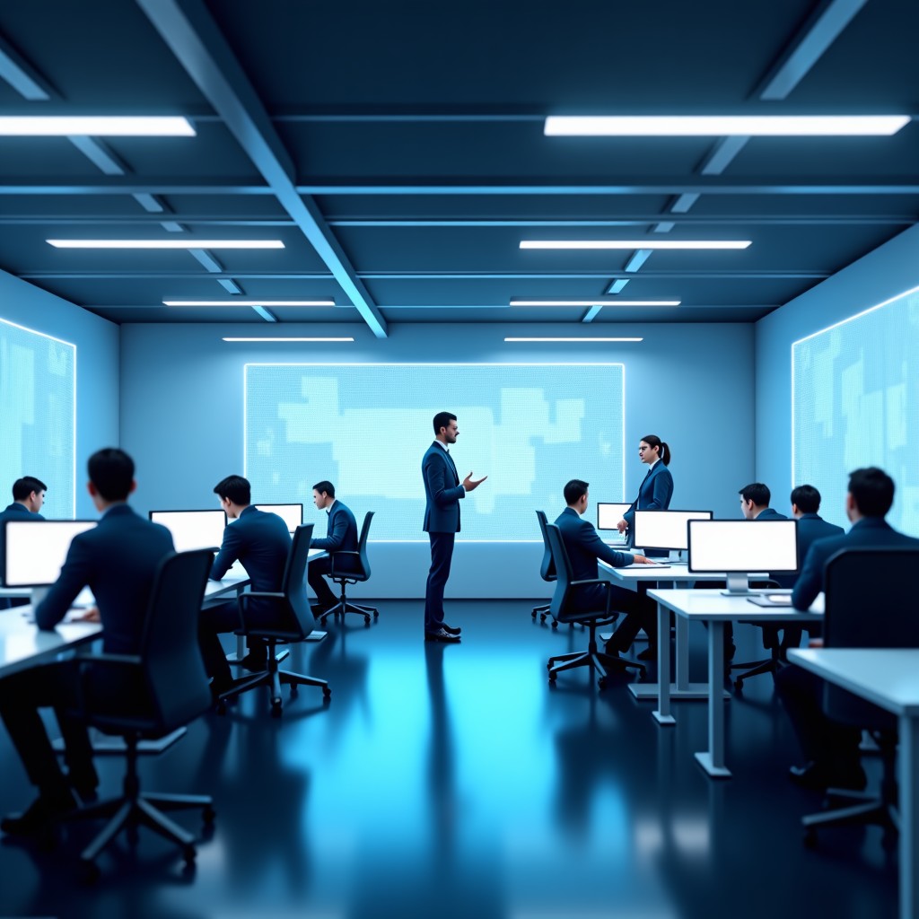 A modern high-tech office environment where humans and AI agents interact through holographic displays and sleek computer monitors, cinematic lighting, soft blue and white tones, 4:3