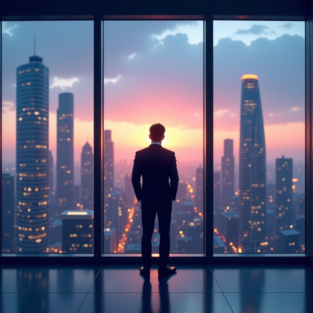 A business professional standing in front of a large glass window looking out at a futuristic cityscape at dusk, reflective and thoughtful atmosphere, 4:3