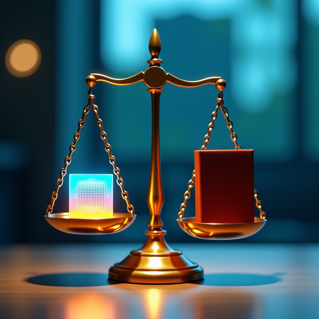 A futuristic digital scale in a stylized lab. One side holds a glowing silicon microchip, and the other side holds a classic leather-bound law book. Balanced composition with a soft bokeh background. 1:1