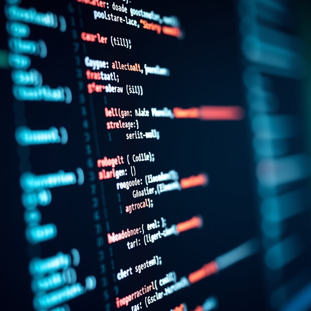 Close-up of code editor with glowing AI suggestions, professional coding environment, modern dark mode interface, 4:3