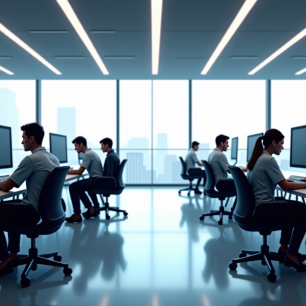 A futuristic and clean office interior with AI engineers working on advanced workstations. Minimalist design, high-tech atmosphere, soft ambient lighting, high quality photography style. 4:3