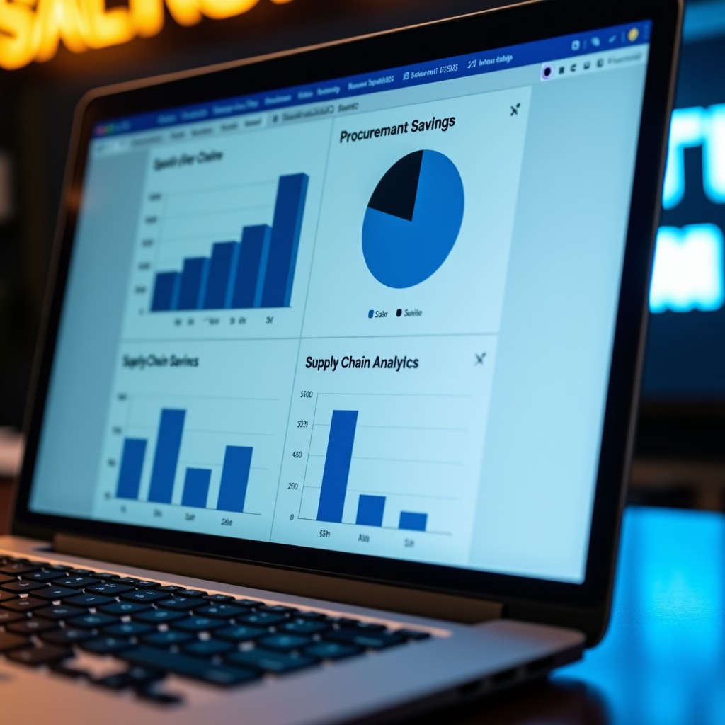 A close up of an automated digital interface on a sleek laptop screen showing procurement savings and supply chain analytics, professional, high contrast, 4:3 ratio.