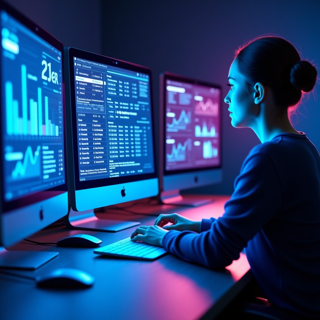 A sleek futuristic digital interface showing an AI agent analyzing computer data with glowing lines and neural network patterns, vibrant blues and purples, clean minimalist aesthetic, high quality, 4:3.